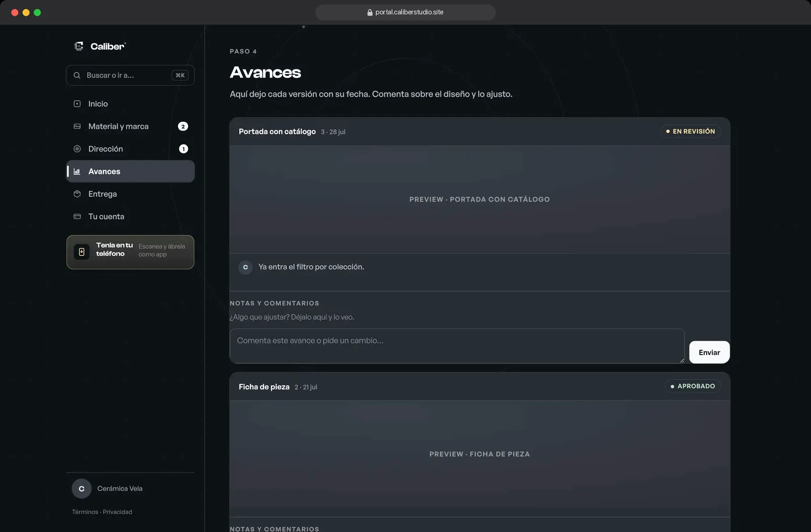 Pantalla de avances con cada versión fechada y un campo para comentar.