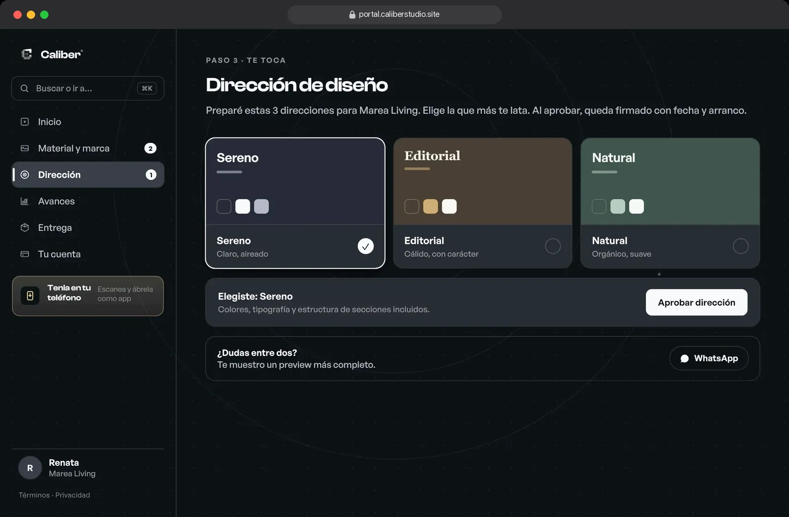 Pantalla de dirección de diseño con tres opciones y el botón de aprobar.