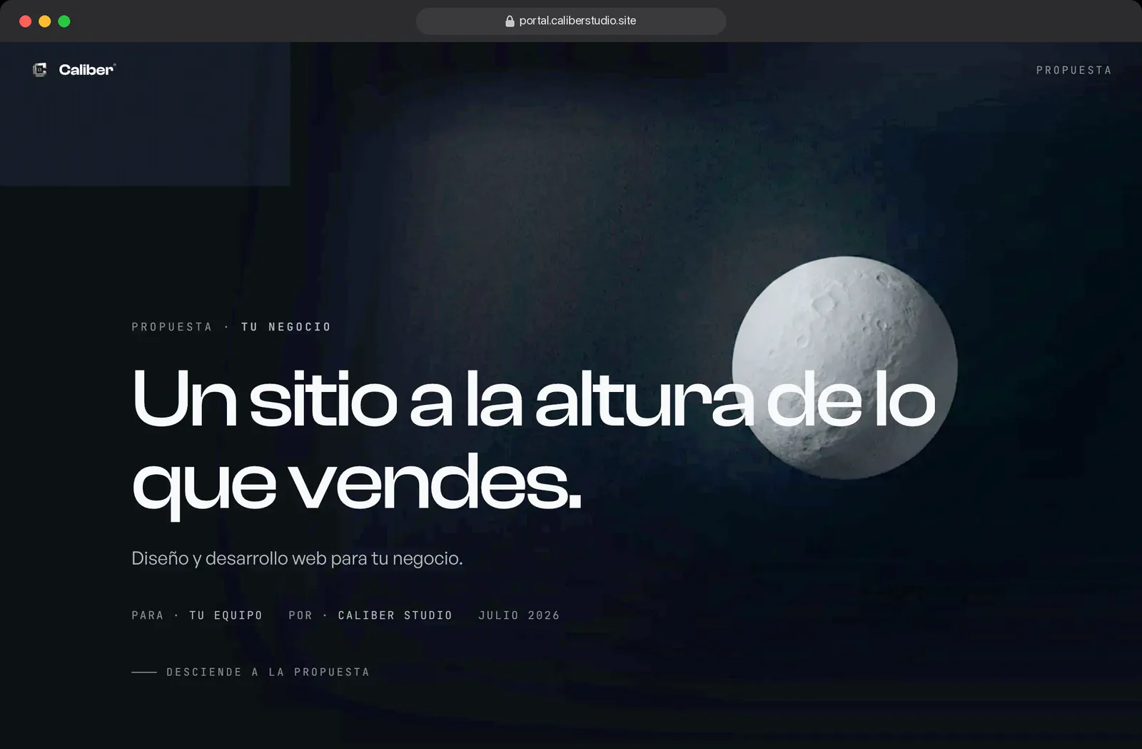 Portada de la propuesta, con el alcance y las fechas.