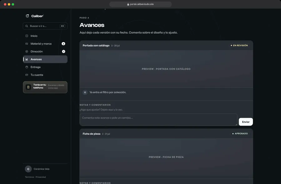 Pantalla de avances con cada versión fechada y un campo para comentar.