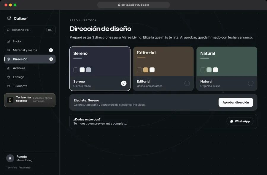 Pantalla de dirección de diseño con tres opciones y el botón de aprobar.