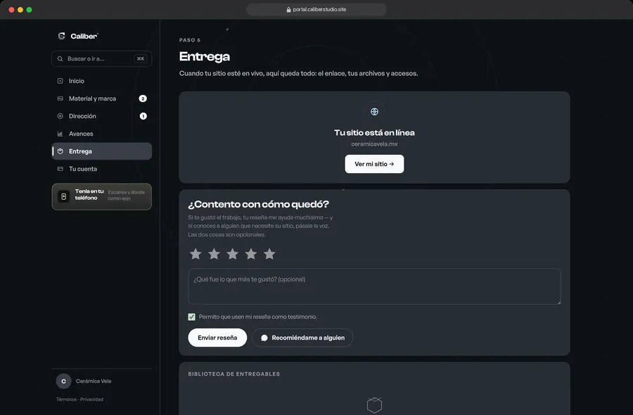 Pantalla de entrega con lo terminado y los accesos.