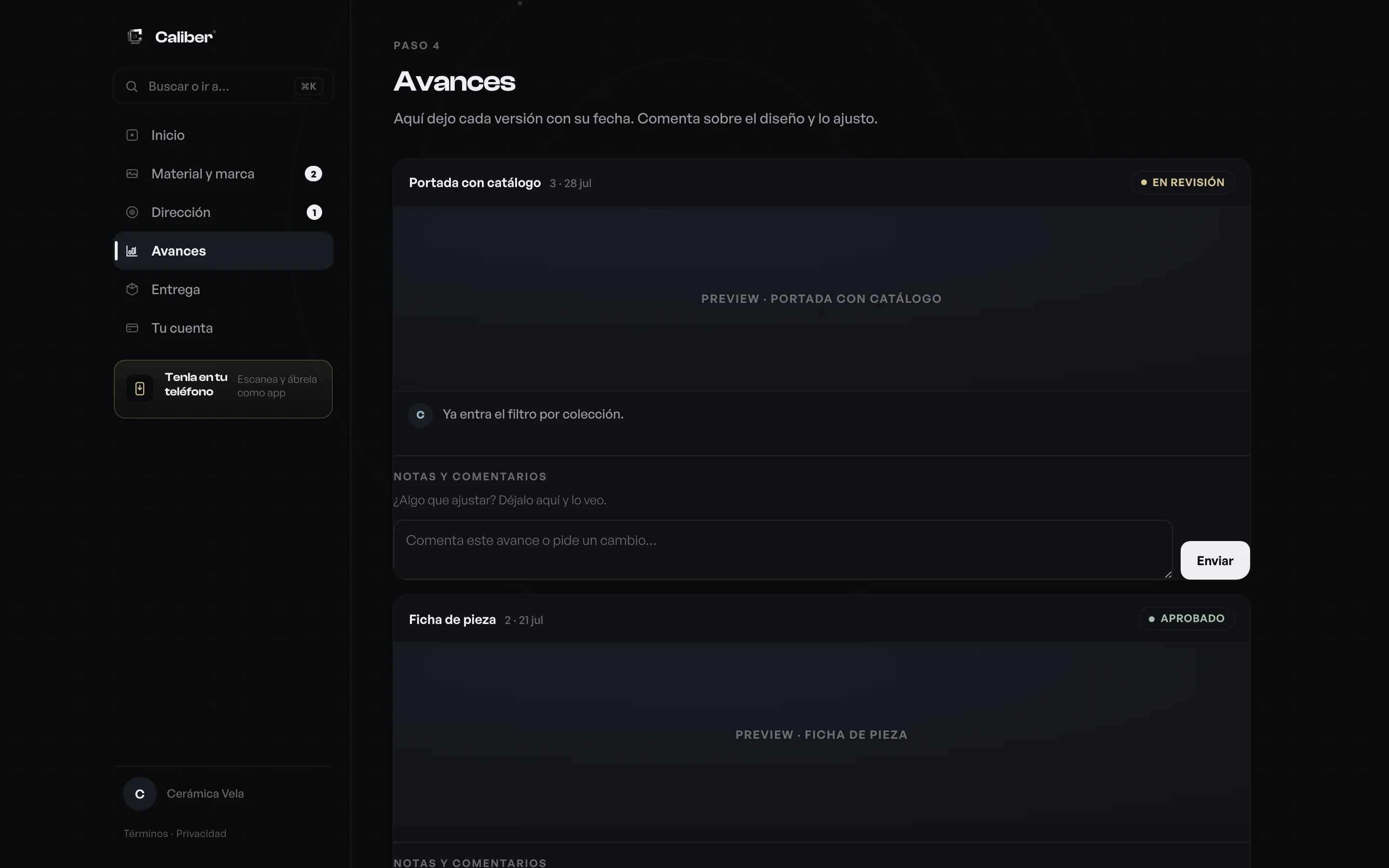 Avances: cada versión con su fecha y un espacio para comentar